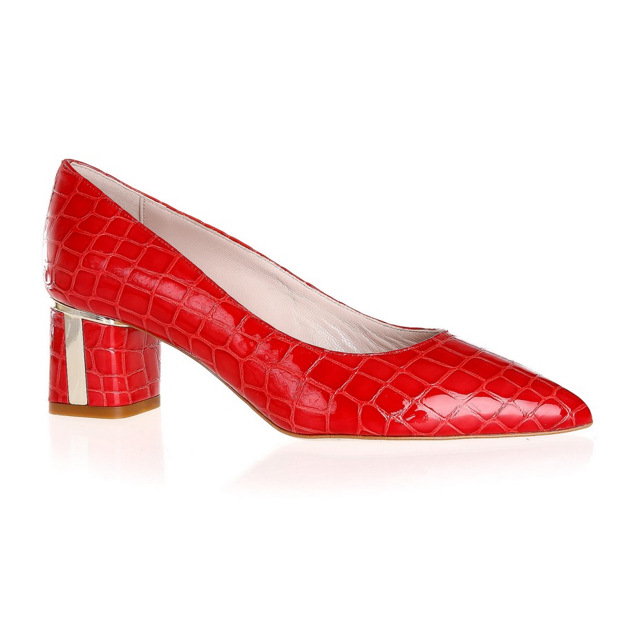 red mid heel court shoes