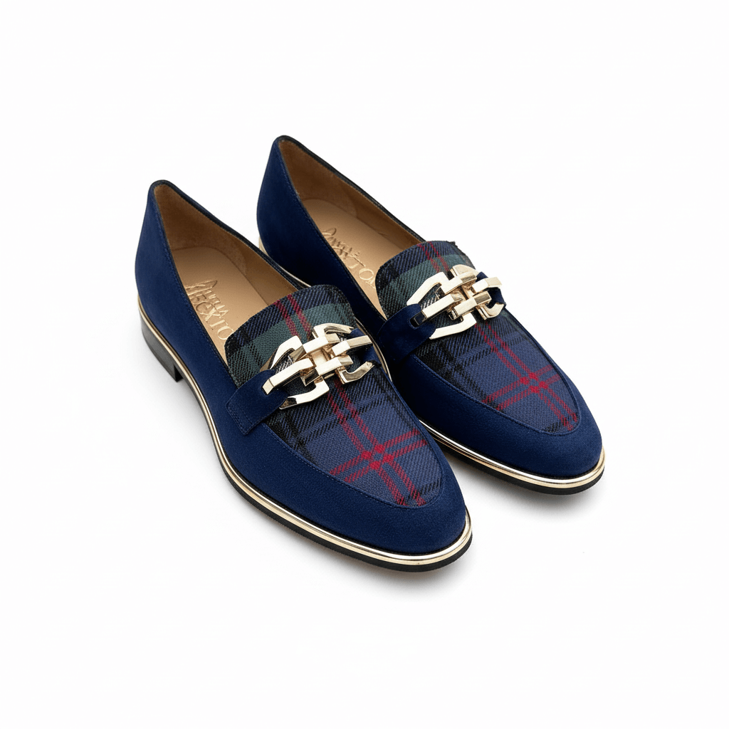Nicola Sexton navy royal blue tartan loafer