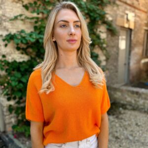 orange v neck short sleeved knit