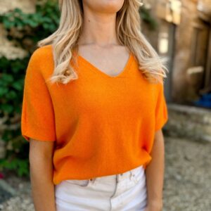 orange v neck short sleeved knit
