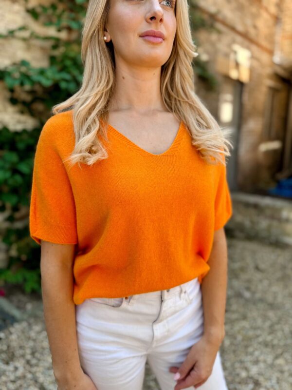 orange v neck short sleeved knit