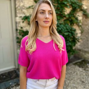 pink v neck short sleeved knit
