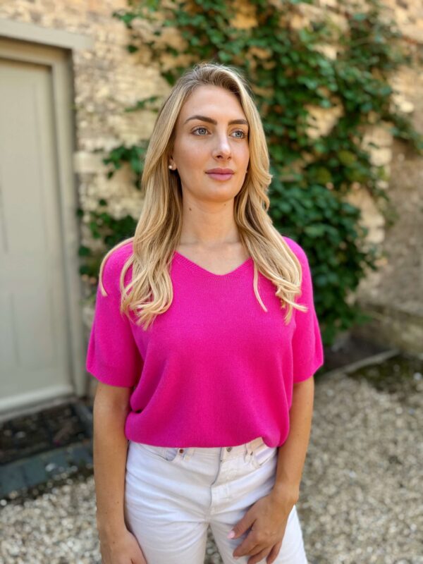 pink v neck short sleeved knit