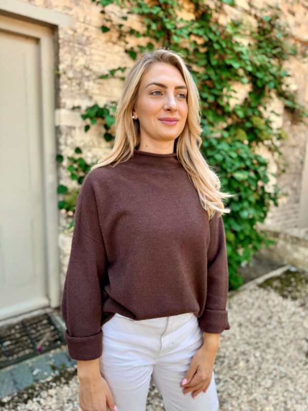chocolate brown high neck knitwear