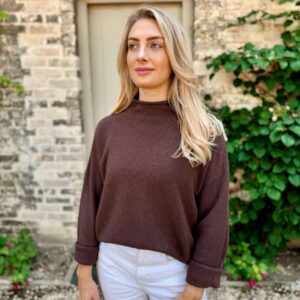 chocolate brown high neck knitwear