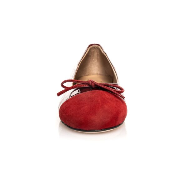 front view of Berry Ballet Pump featuring suede toe, bow detail, and croc leather body