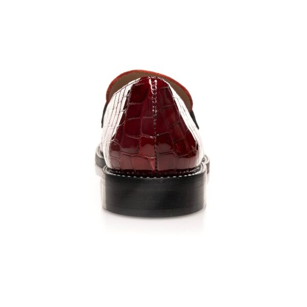 Back view of Berry Loafer in red croc leather with low stacked heel
