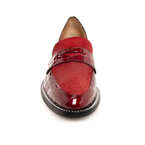 front view of Berry Loafer in red croc leather with low stacked heel