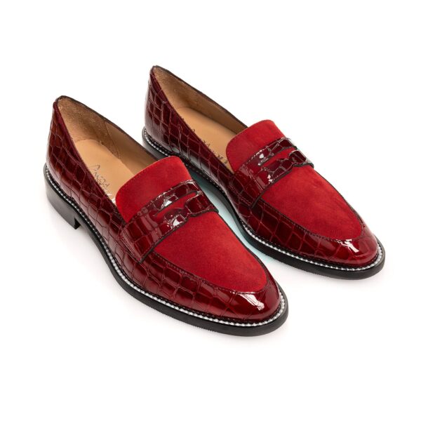 Pair of Berry Loafers in suede and croc leather with pearl rim – luxury Italian women’s loafers.