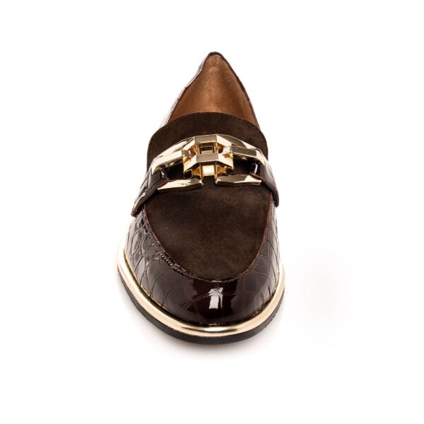 front view of brown patent croc leather loafer – women’s luxury Italian footwear