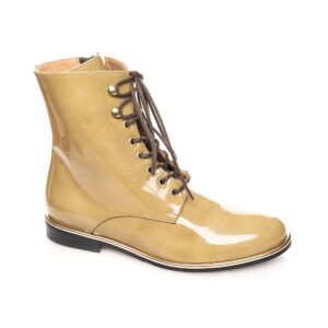 Women’s olive patent leather biker boot with gold eyelets and brown laces