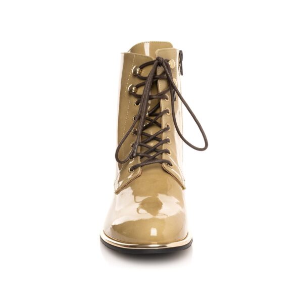 Olive biker boot in glossy patent leather with gold details