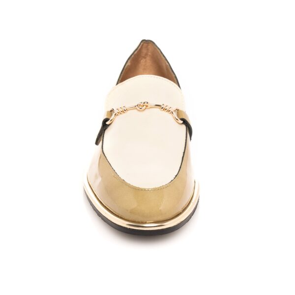 Designer olive leather loafer with cream contrast panel and gold rim