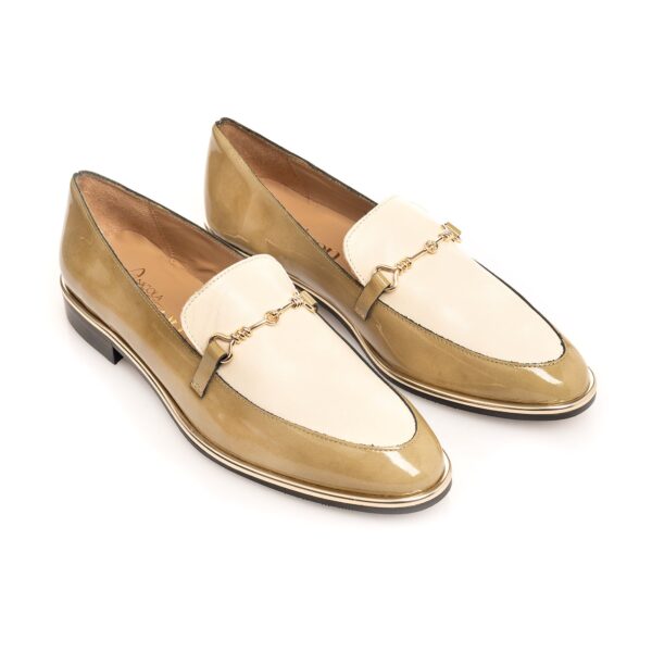 Italian patent leather loafer in olive and cream with gold hardware