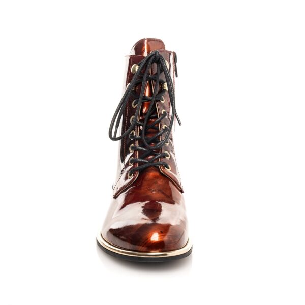 brown biker boot in high-shine patent leather with gold detai