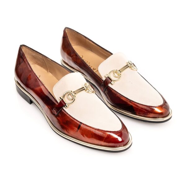 Designer two-tone brown and beige loafer with gold detailing