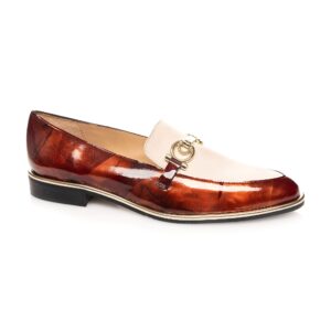 Luxury women’s cognac and cream loafer in patent leather with cream suede vamp and gold buckle