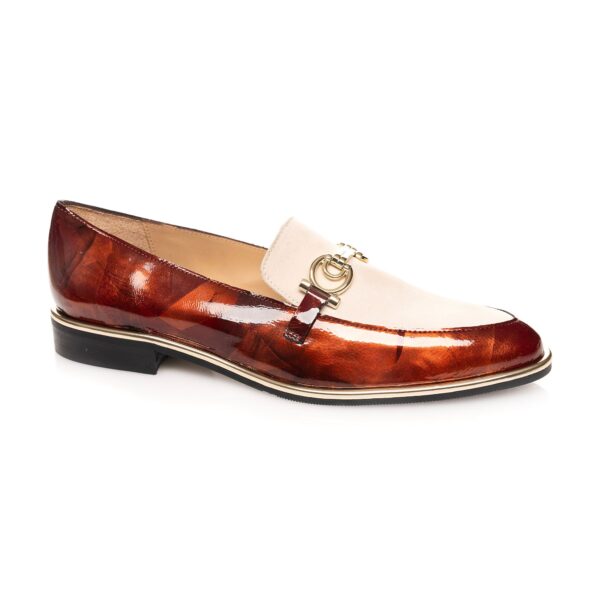 Luxury women’s cognac and cream loafer in patent leather with cream suede vamp and gold buckle