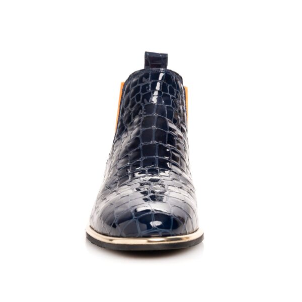 navy patent Chelsea boot with orange elastic
