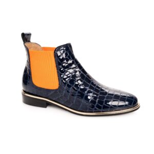 navy patent Chelsea boot with orange elastic