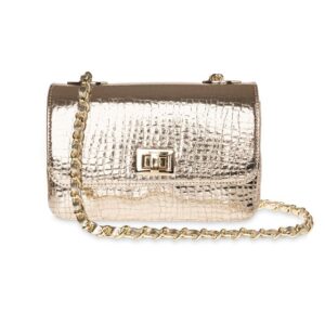 Bronze metallic croc leather crossbody handbag with gold chain strap, Italian handmade luxury designer bag gold chain handbag