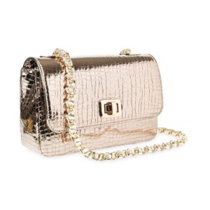 Bronze metallic croc leather crossbody handbag with gold chain strap, Italian handmade luxury designer bag gold chain handbag