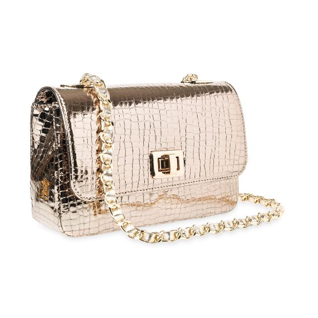 Bronze metallic croc leather crossbody handbag with gold chain strap, Italian handmade luxury designer bag gold chain handbag