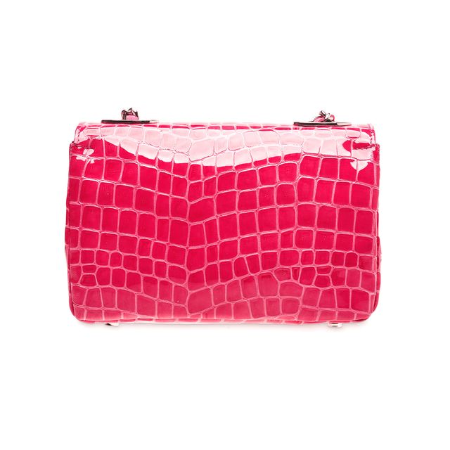Pink croc embossed leather crossbody handbag with silver chain strap, handmade in Italy luxury accessory