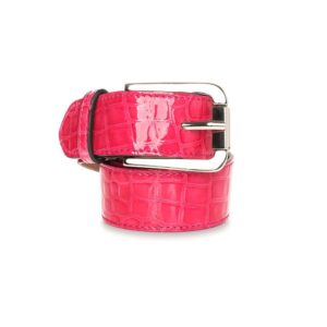 Pink croc wide leather belt with silver buckle – handmade in Italy to match Nicola Sexton pink croc loafers and handbag.