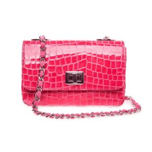 Pink croc embossed leather crossbody handbag with silver chain strap, handmade in Italy luxury accessory
