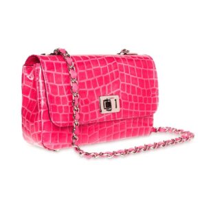 Pink croc embossed leather crossbody handbag with silver chain strap, handmade in Italy luxury accessory