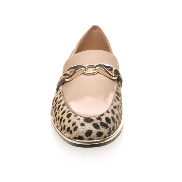 Neutral animal print loafer with cream and black cowhide, nude patent leather detailing, and a gold buckle – luxury flat shoe