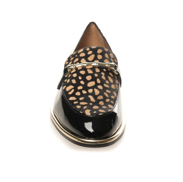 Bold black and nude animal print loafer with black cowhide and patent leather trim, gold buckle detailing – luxury flat shoe black patent loafer