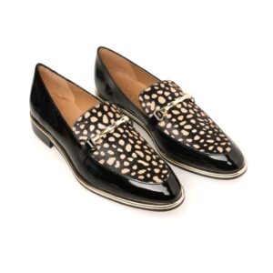 Bold black and nude animal print loafer with black cowhide and patent leather trim, gold buckle detailing – luxury flat shoe black patent loafer