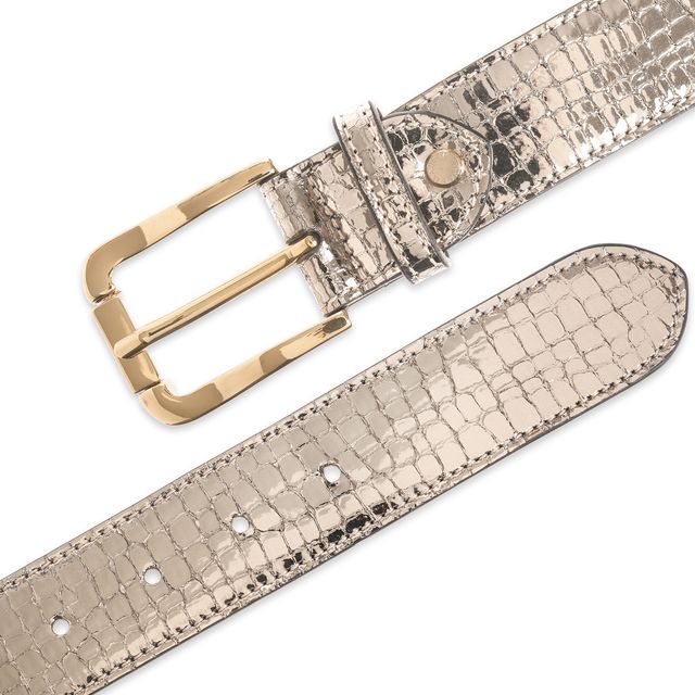 Bronze metallic croc wide leather belt with gold buckle – luxury Italian-made accessory to match Nicola Sexton bronze loafers and handbag.