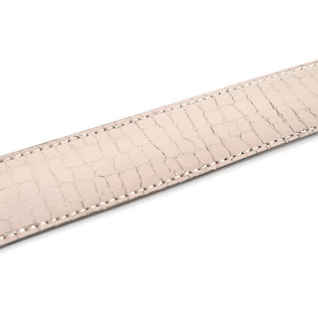 Bronze metallic croc wide leather belt with gold buckle – luxury Italian-made accessory to match Nicola Sexton bronze loafers and handbag.