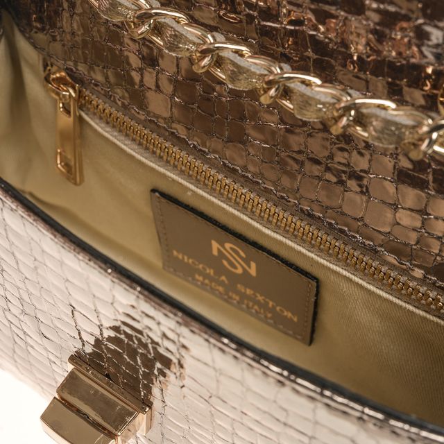 Bronze metallic croc leather crossbody handbag with gold chain strap, Italian handmade luxury designer bag gold chain handbag