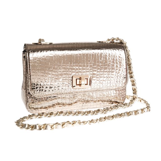 Bronze metallic croc leather crossbody handbag with gold chain strap, Italian handmade luxury designer bag gold chain handbag