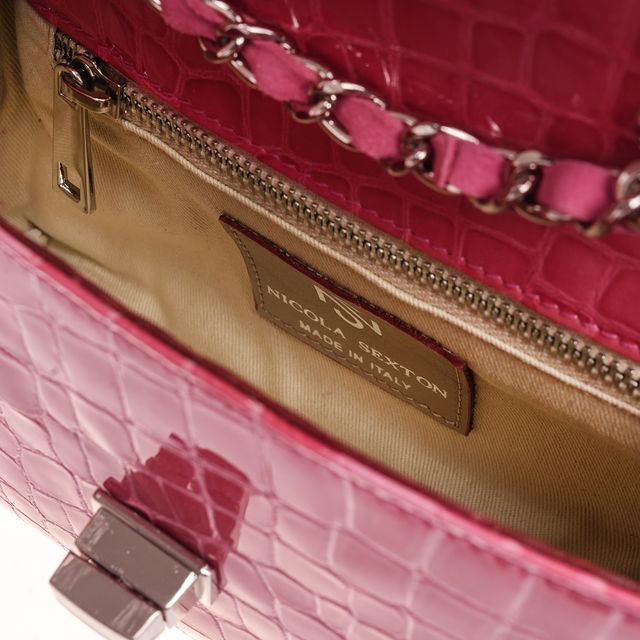 Pink croc embossed leather crossbody handbag with silver chain strap, handmade in Italy luxury accessory