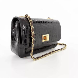 Chocolate brown croc-embossed leather crossbody handbag with gold chain strap and turn-lock fastening, handcrafted in Italy – Nicola Sexton Celia handbag