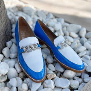 Blue and white leather loafer with silver chain and diamanté trim, handmade in Italy by Nicola Sexton