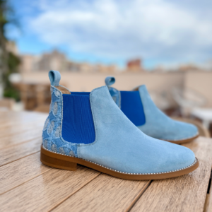 Pale blue suede Chelsea boot with denim panel, royal blue elastic and diamante rim, handmade in Italy by Nicola Sexton