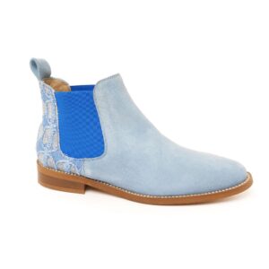 Pale blue suede Chelsea boot with denim panel, royal blue elastic and diamante rim, handmade in Italy by Nicola Sexton