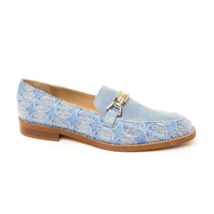 Dusky blue suede and denim women’s loafer with silver hardware and diamante rim, handmade in Italy by Nicola Sexton