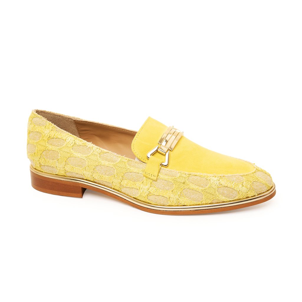 Yellow suede and textured denim women’s loafer with gold hardware and trim, handmade in Italy by Nicola Sexton