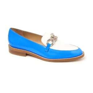 Blue and white leather loafer with silver chain and diamanté trim, handmade in Italy by Nicola Sexton