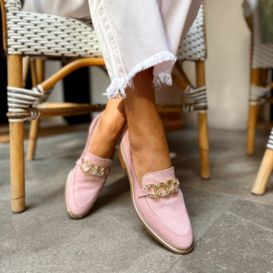 Dusky pink leather loafer with suede details and gold chain, handmade in Italy by Nicola Sexton