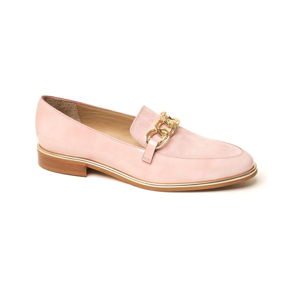 Dusky pink leather loafer with suede details and gold chain, handmade in Italy by Nicola Sexton