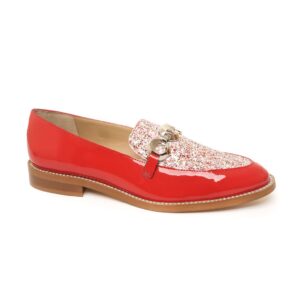 Red patent leather loafer with red and white glitter upper and metal chain detail, handmade in Italy by Nicola Sexton